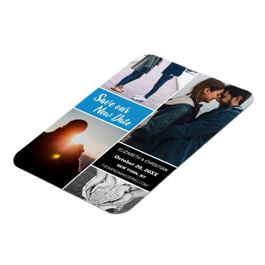 Blue Change Date Rette unser neues Date Wedding Fo Magnet (Linke Seite)