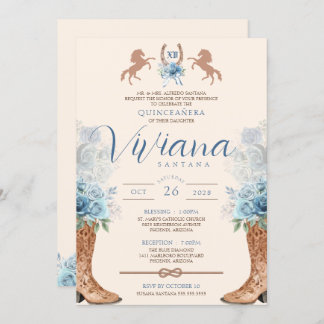 Blue Charro Western Rose Quinceanera Einladung