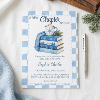 Blue Check Kapitel beginnt Winter-Baby-Shower-Büch Einladung