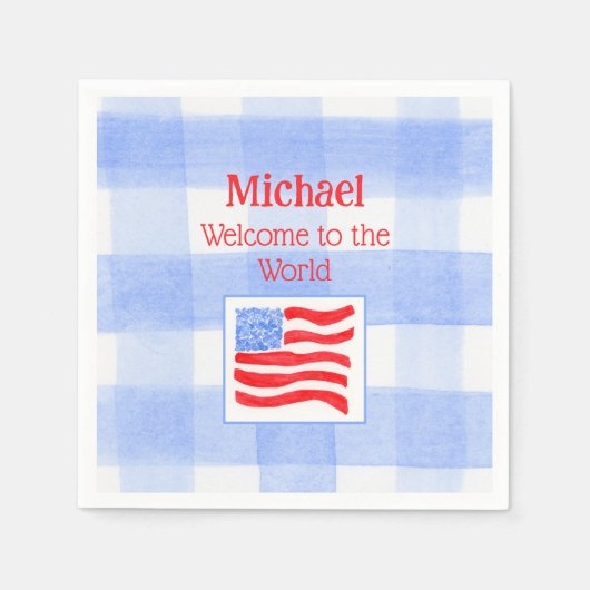 Blue Check USA Flag WELCOME TO THE WORLD Serviette (Vorderseite)