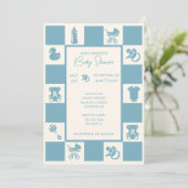 Blue Checked Baby Dusche Einladung (Stehend Vorderseite)