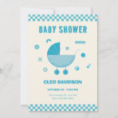Blue Checked Baby Stroll Babydusche Einladung (Vorderseite)