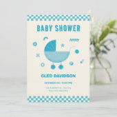 Blue Checked Baby Stroll Babydusche Einladung (Stehend Vorderseite)