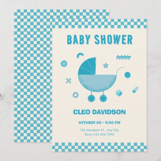 Blue Checked Baby Stroll Babydusche Einladung (Vorne/Hinten)
