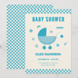 Blue Checked Baby Stroll Babydusche Einladung