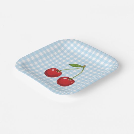 Blue Checked Paper Plates with Cherries for Summer Pappteller (Gewinkelt)