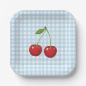 Blue Checked Paper Plates with Cherries for Summer Pappteller (Vorderseite)