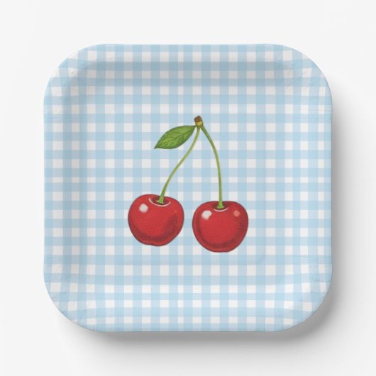 Blue Checked Paper Plates with Cherries for Summer Pappteller (Vorderseite)