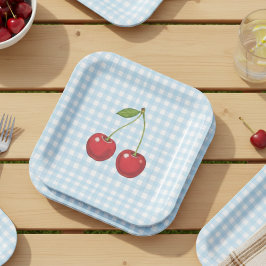 Blue Checked Paper Plates with Cherries for Summer Pappteller