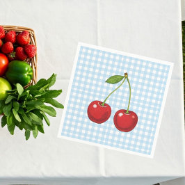 Blue Checked Paper Plates with Cherries for Summer Serviette
