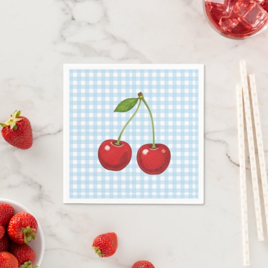 Blue Checked Paper Plates with Cherries for Summer Serviette (Beispiel)