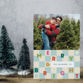 Blue Checkerboard Merry & Bright Christmas Card Einladung