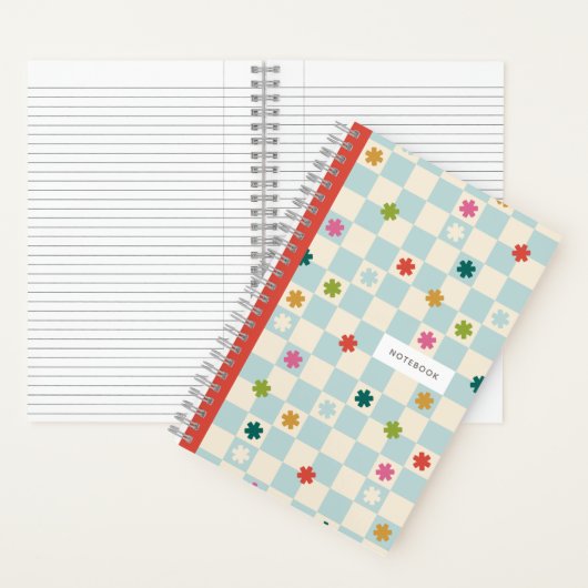 Blue Checkerboard Pattern Stars Flowers Notebook Notizblock (Innen)