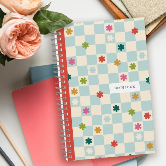 Blue Checkerboard Pattern Stars Flowers Notebook Notizblock