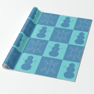 Blue Checkerboard Snowflake and Snowman Geschenkpapier