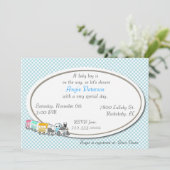 Blue Checkered Baby Boy Dusche Einladung (Stehend Vorderseite)