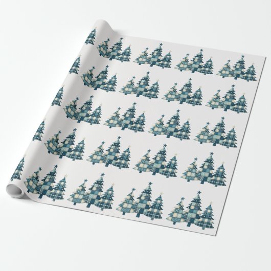 Blue Checkered Christmas Trees Geschenkpapier (Ungerollt)