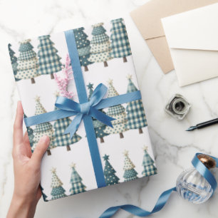 Blue Checkered Christmas Trees Geschenkpapier