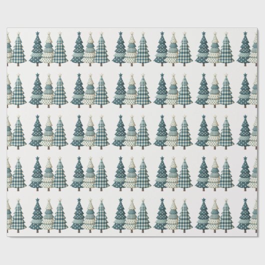 Blue Checkered Christmas Trees Geschenkpapier (Flach)