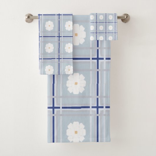 Blue Checkered Daisy pattern Badhandtuch Set (Insitu)