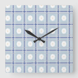 Blue Checkered Daisy pattern Quadratische Wanduhr