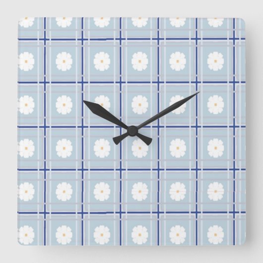Blue Checkered Daisy pattern Quadratische Wanduhr (Vorderseite)