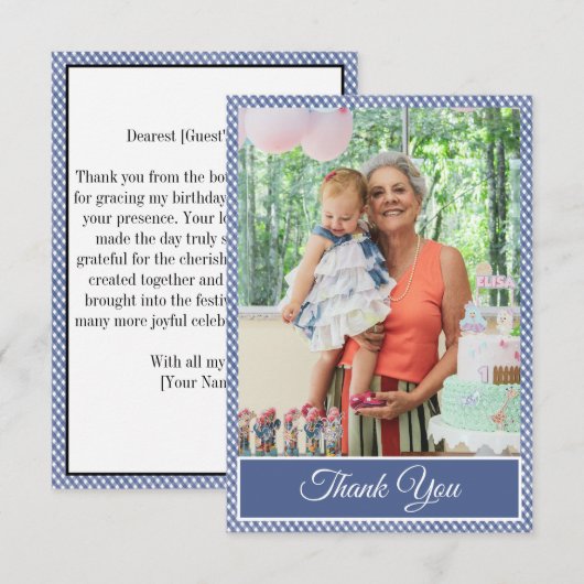 Blue Checkered Gingham Birthday Danke Foto (Vorne/Hinten)