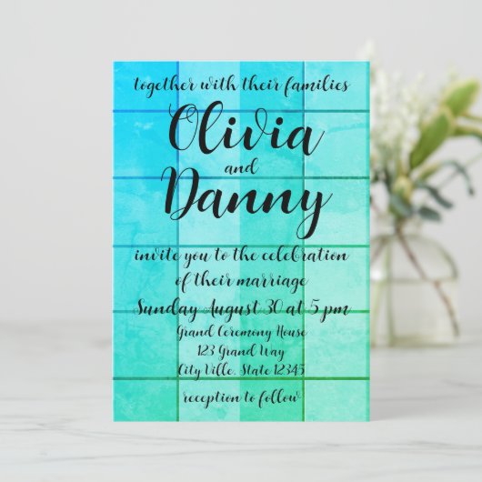 Blue Checkered Grid Pattern Beach Wedding Einladung (Stehend Vorderseite)