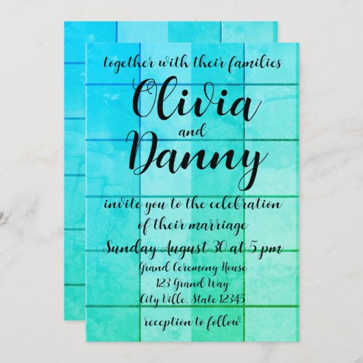 Blue Checkered Grid Pattern Beach Wedding Einladung (Vorne/Hinten)