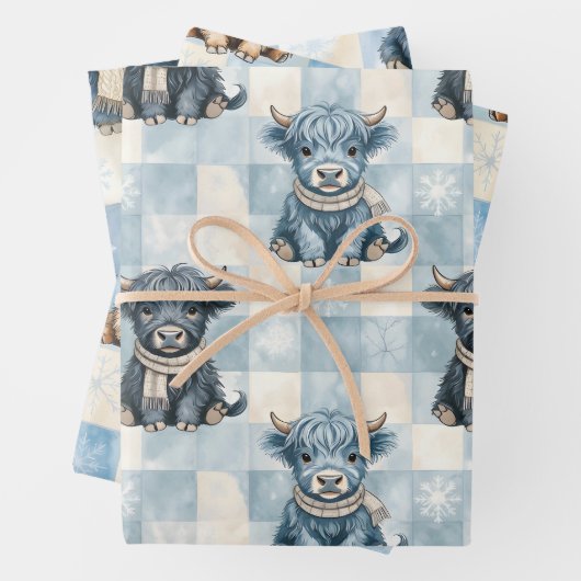 Blue Checkered Highland Cow Cute Geschenkpapier Set (Beispiel)