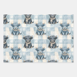 Blue Checkered Highland Cow Cute Geschenkpapier Set
