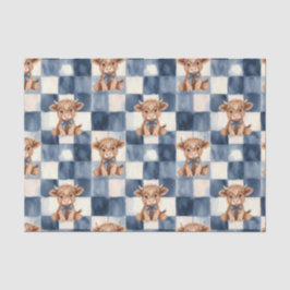 Blue Checkered Highland Cow Cute Gift Wrap Seidenpapier