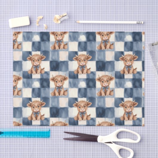 Blue Checkered Highland Cow Cute Gift Wrap Seidenpapier (Handwerk)