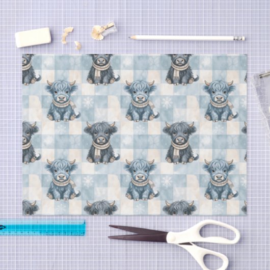 Blue Checkered Highland Cow Cute Seidenpapier (Handwerk)