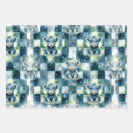 Blue Checkered Highland Cow Snow Winter Geschenkpapier Set