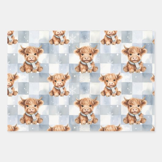 Blue Checkered Highland Cow Snowflake Cool Winter Geschenkpapier Set (Vorderseite 3)
