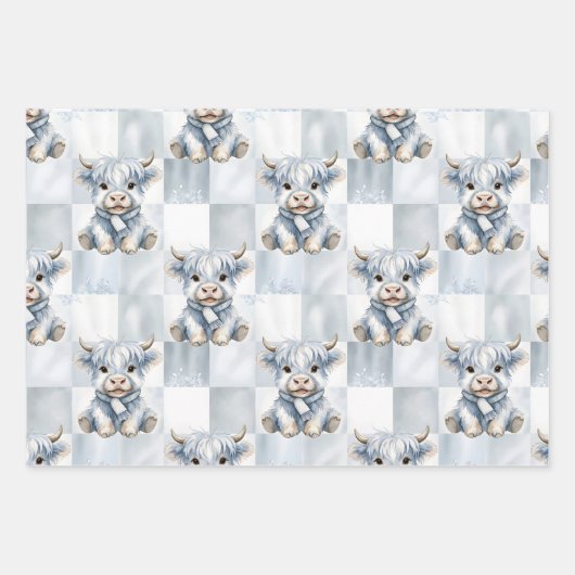 Blue Checkered Highland Cow Snowflake Cool Winter Geschenkpapier Set (Vorderseite 2)