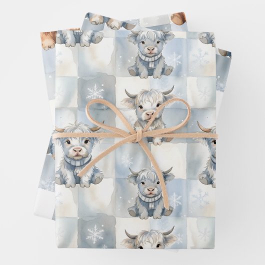 Blue Checkered Highland Cow Snowflake Cool Winter Geschenkpapier Set (Beispiel)