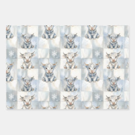 Blue Checkered Highland Cow Snowflake Cool Winter Geschenkpapier Set
