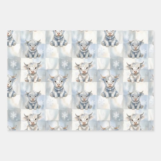 Blue Checkered Highland Cow Snowflake Cool Winter Geschenkpapier Set (Vorderseite)
