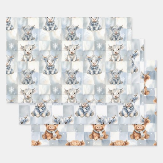 Blue Checkered Highland Cow Snowflake Cool Winter Geschenkpapier Set (Set)