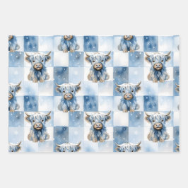 Blue Checkered Highland Cow Snowflake Winter Geschenkpapier Set