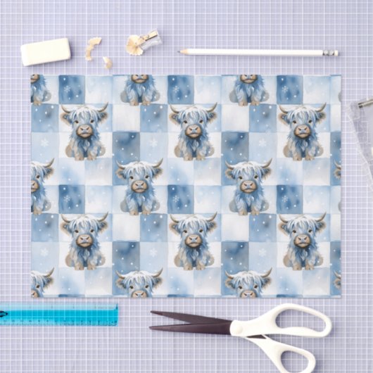 Blue Checkered Highland Cow Snowflake Winter Seidenpapier (Handwerk)
