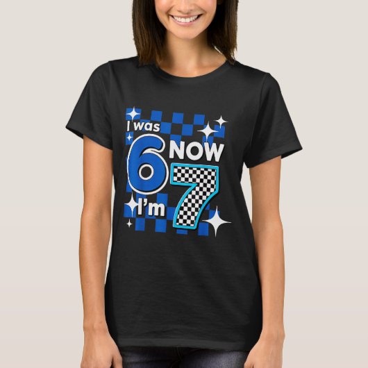 Blue Checkered I Was 6 Now I'm 7 Birthday T-Shirt (Vorderseite)