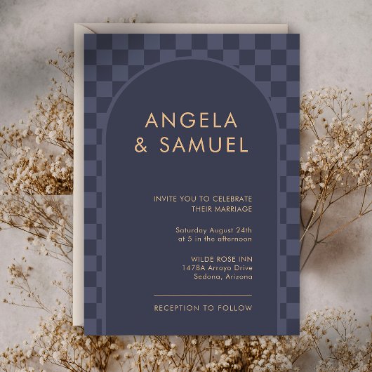 Blue Checkered Modern Wedding Einladung