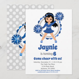 Blue Cheerleader Black Hair Girls Cheer Geburtstag Einladung