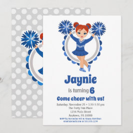 Blue Cheerleader - Redhead Girls Cheer Birthday Einladung