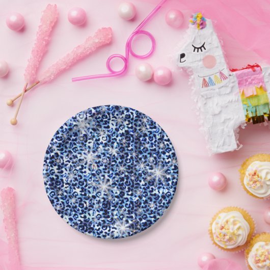 Blue Cheetah Glitzern Pappteller (Party)