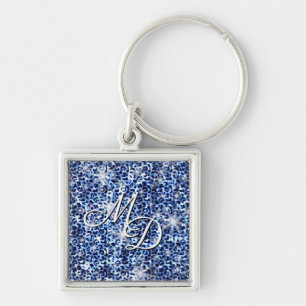 Blue Cheetah Sparkles Monogram Schlüsselanhänger