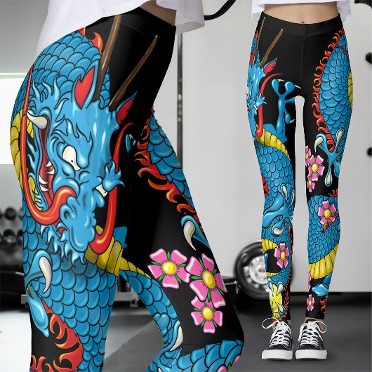 Blue Cherry Blossom Dragon Tattoo Leggings